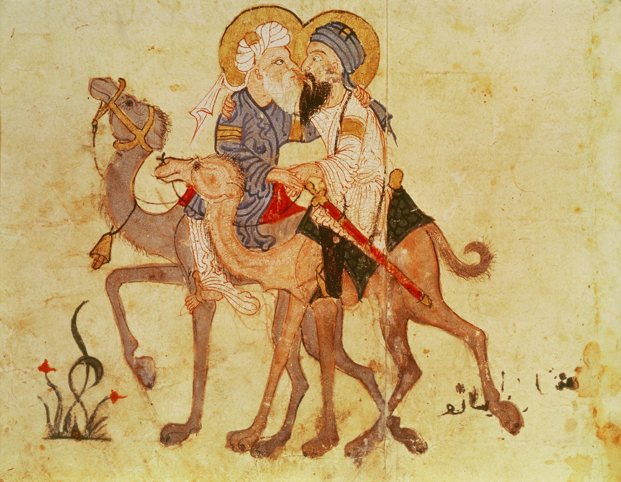 Ms Ar 3929 f.122, Abu-Zaydin ja Al-Harithin jäähyväiset ennen paluuta Mekkaan, Al-Haririn teoksesta "Al Maqamat" (Kokoukset), n. 1240 (guassi vellum) tekijältä Persian School