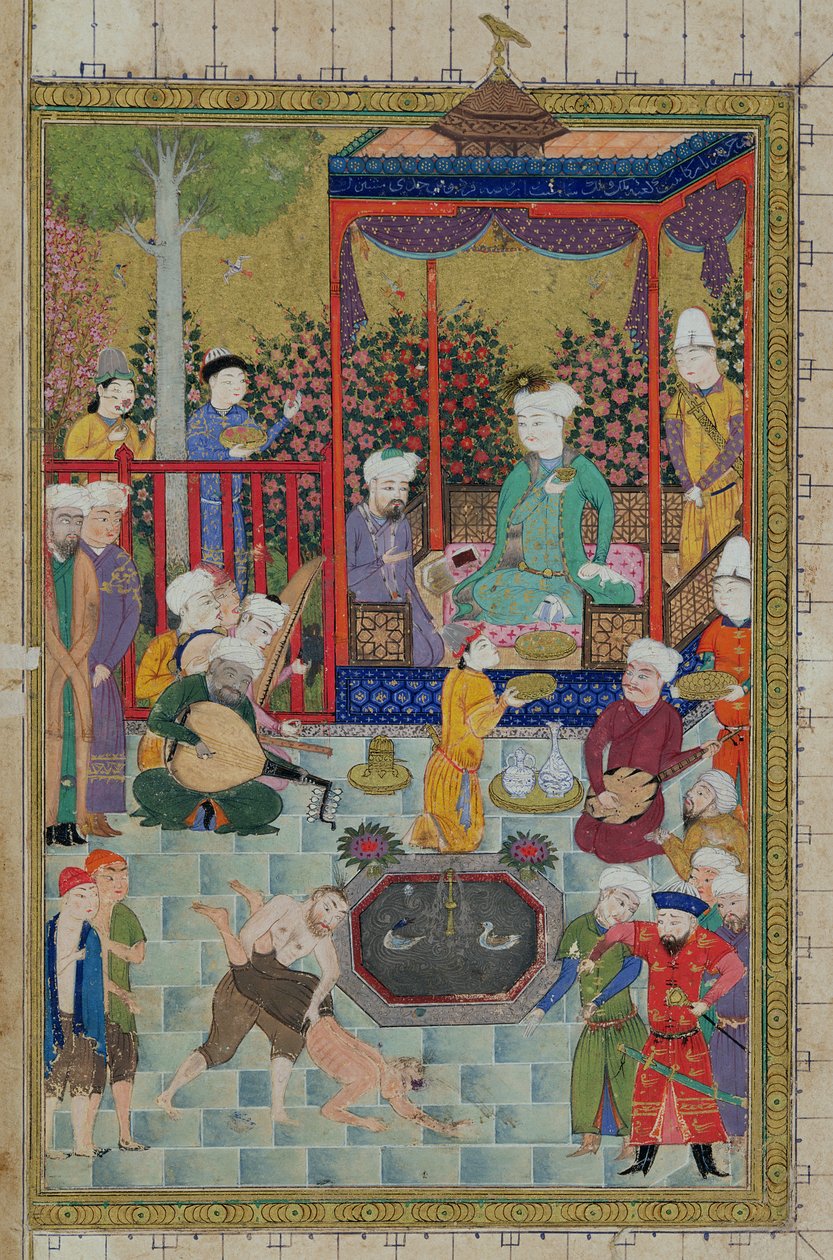 Ms C-822 fol.1v Ruhtinaan vastaanotto, kuvitus "Shahnamasta" (Kuninkaiden kirja), kirjoittanut Abu