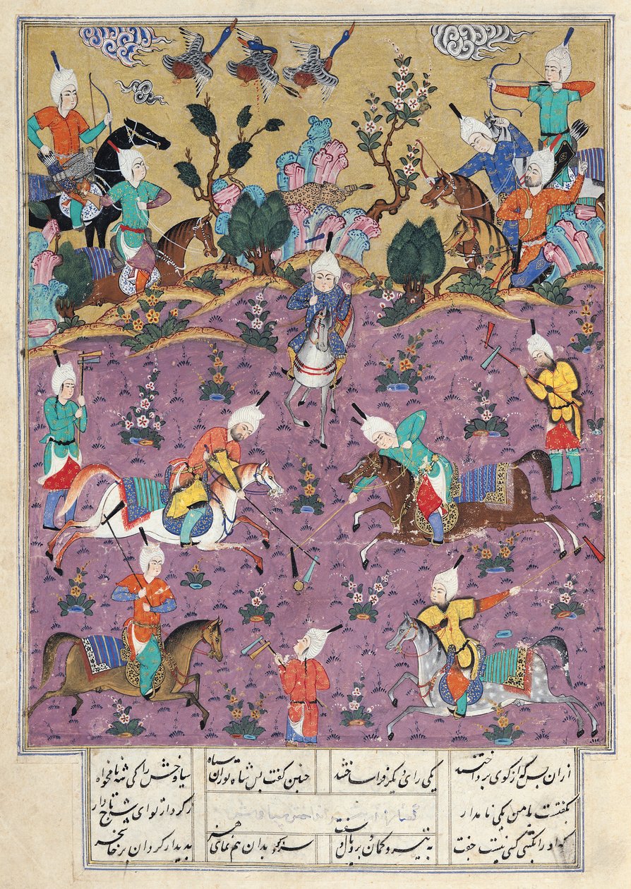 Ms D-184 fol.140a Siavosh pelaa pooloa Afrasiabin kanssa, kappaleesta "Firdawsi