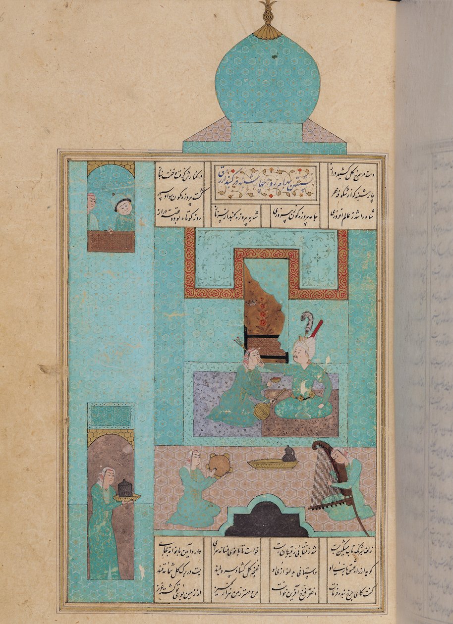 Ms D-212 fol.216a Bahram vierailee prinsessan luona turkoosissa paviljongissa, kuvitus "Seitsemän prinsessaa", 1199, Elias Nezami (1140-1209) n. 1550 tekijältä Persian School