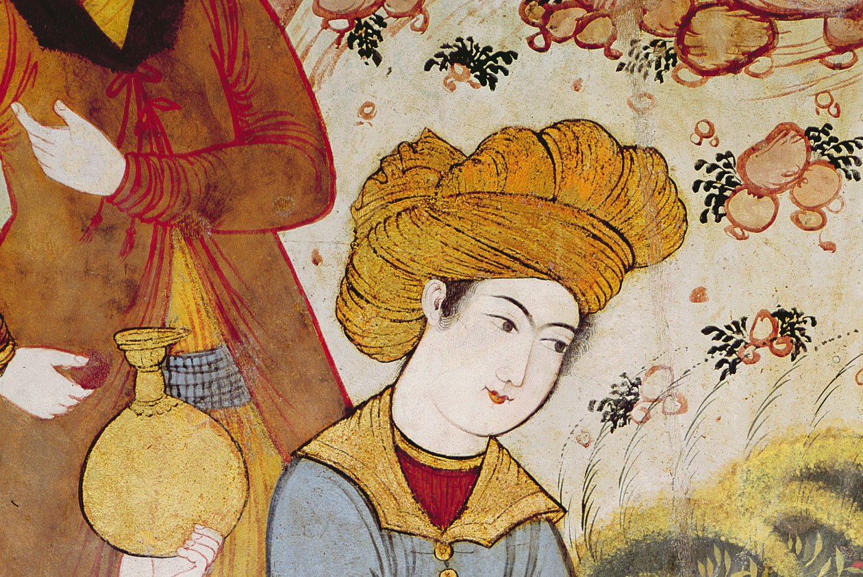 Shah Abbas I (1588-1629) ja hovimies, joka tarjoaa hedelmiä ja juomaa (yksityiskohta 155563:sta, joka kuvaa hovimiehen päätä) tekijältä Persian School