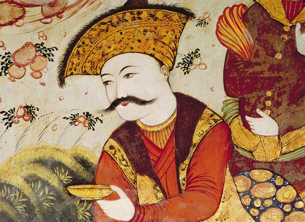 Shah Abbas I (1588-1629) ja hovimies, joka tarjoaa hedelmiä ja juomia (yksityiskohta 155563, jossa näkyy shaahin pää) tekijältä Persian School