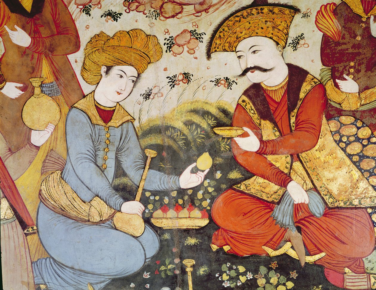 Shah Abbas I (1588-1629) ja hovimies tarjoamassa hedelmiä ja juomia (yksityiskohta) tekijältä Persian School