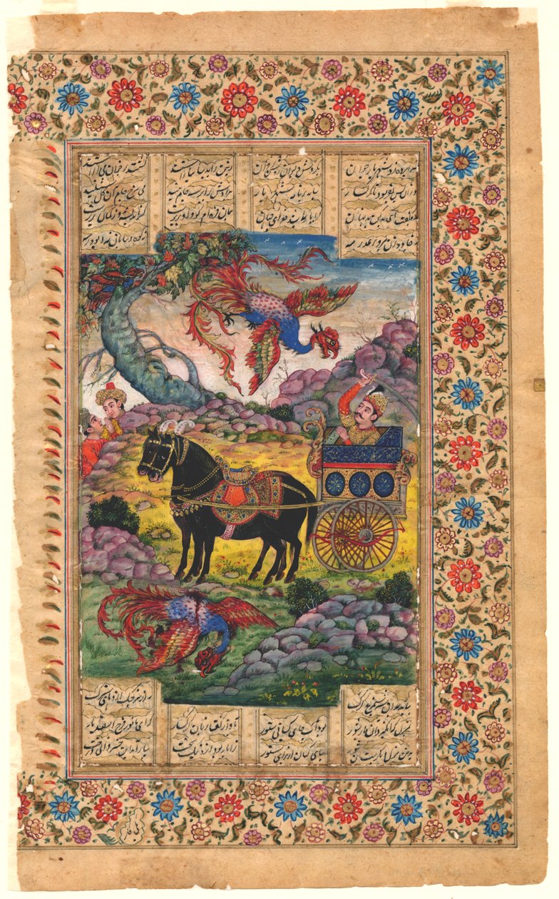 Shahnama: Isfandiyar panssaroidussa autossaan kohtaa Simurghin, 1600-1625 (tempera) tekijältä Persian School