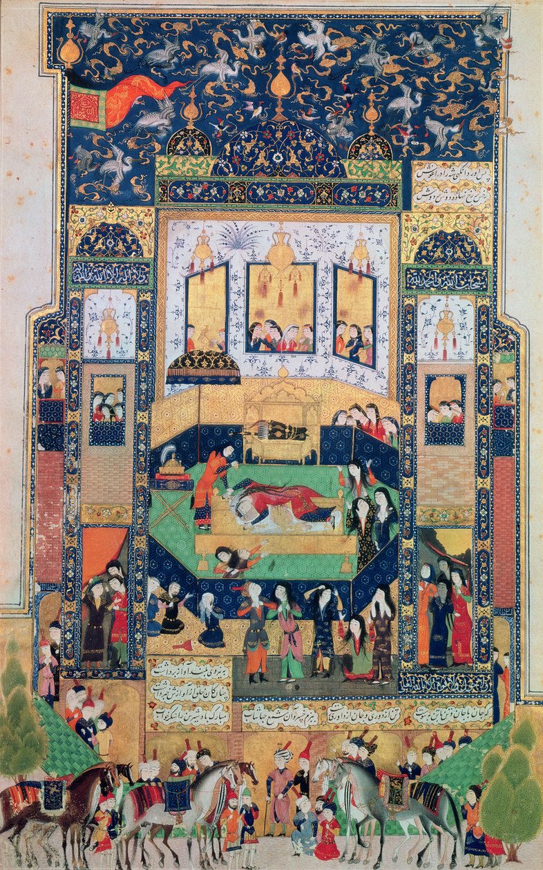 Shirinin kuolema, kuvitus Elias Nezamin (1140-1209) teokseen Khosro ja Shirin, 1504 (guassi ja kultalehti paperilla) tekijältä Persian School