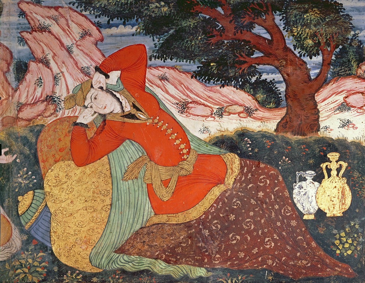 Nainen Shah Abbas I:n hovista, 1585-1627 (yksityiskohta) tekijältä Persian School
