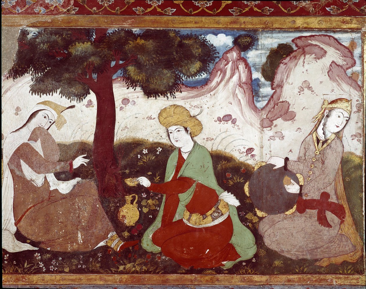 Persialainen prinsessa kurtisaanien kanssa 1600-luvun puutarhassa. Fresko 40 pylvään palatsista (Chehel Sotoun) Isfahanissa (Isfahan tai Esfahan, Isfahan), Iran. tekijältä Persian School