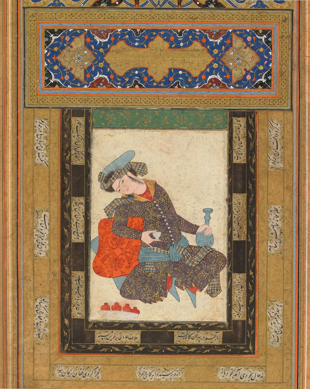 Makaava nuoriso, Iran, Safavid-kausi, n. 1600-1610 (läpinäkymätön akvarelli, mustetta ja kultaa paperilla) tekijältä Persian School