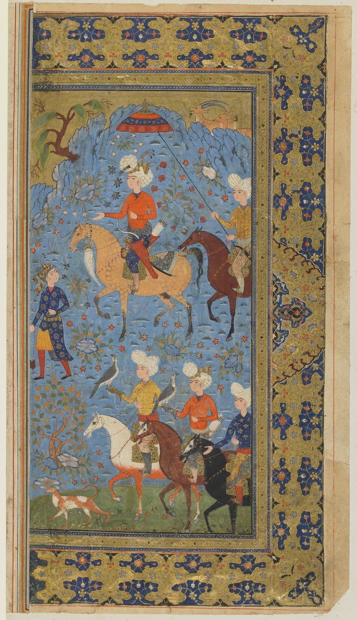 Firdawsin kuninkaallinen metsästys Shahnamasta (kuninkaiden kirja), n. 1590-1600 (muste, läpinäkymätön akvarelli ja kulta paperille) tekijältä Persian School