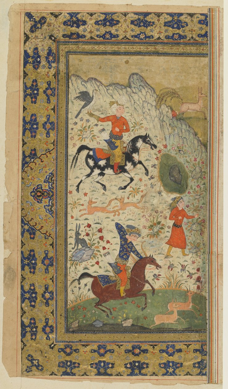 Firdawsin kuninkaallinen metsästys Shahnamasta (kuninkaiden kirja), n. 1590-1600 (muste, läpinäkymätön akvarelli ja kulta paperille) tekijältä Persian School