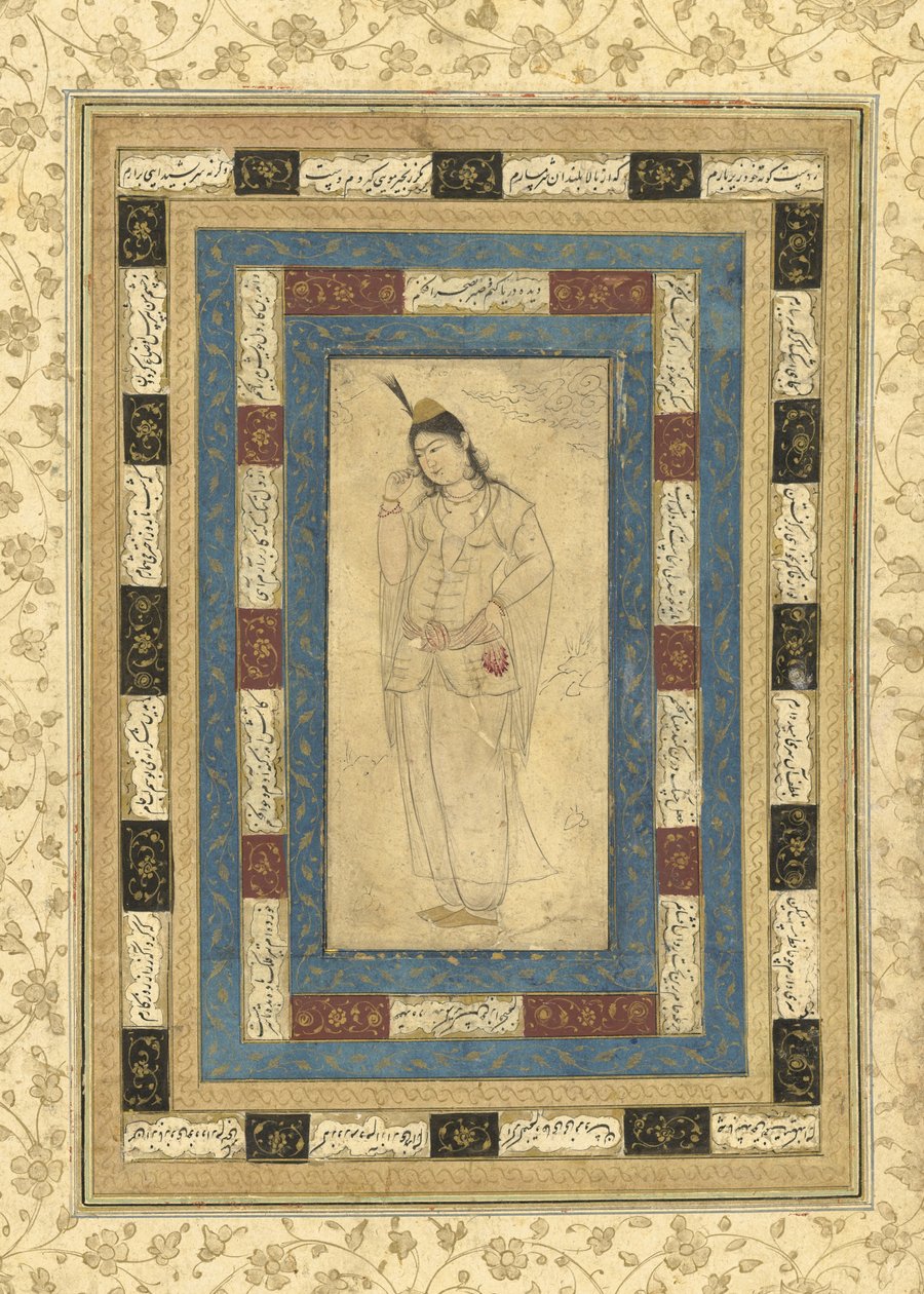 Seisova nainen, Isfahan, noin 1620-25 (muste, peittävä wc ja kulta paperille). tekijältä Persian School
