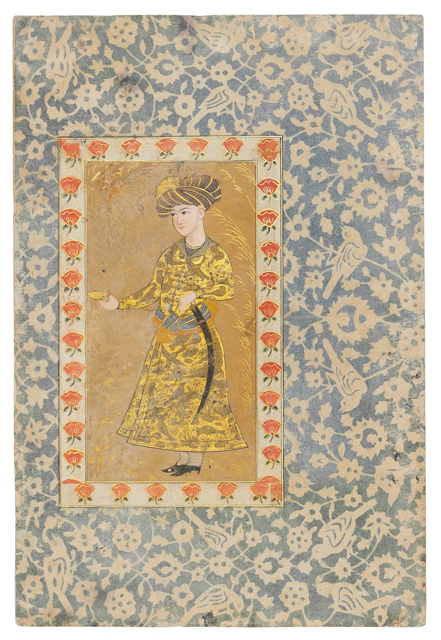 Nuori, jolla on viinikuppi, Safavid Isfahan (läpinäkymättömät pigmentit kullalla korostettuina paperilla) tekijältä Persian School