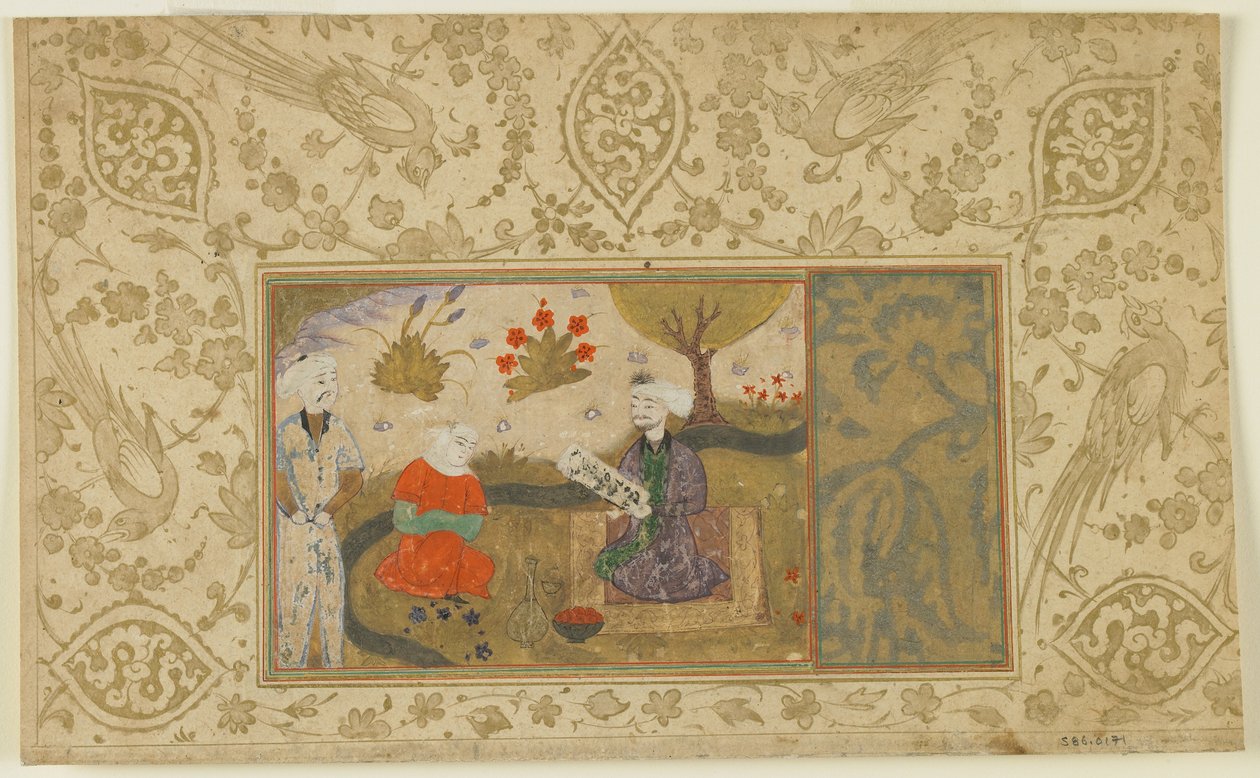 Pariskunta keskustelee virran varrella, n. 1500 (läpinäkymätön akvarelli, mustetta ja kultaa paperilla) tekijältä Persian School