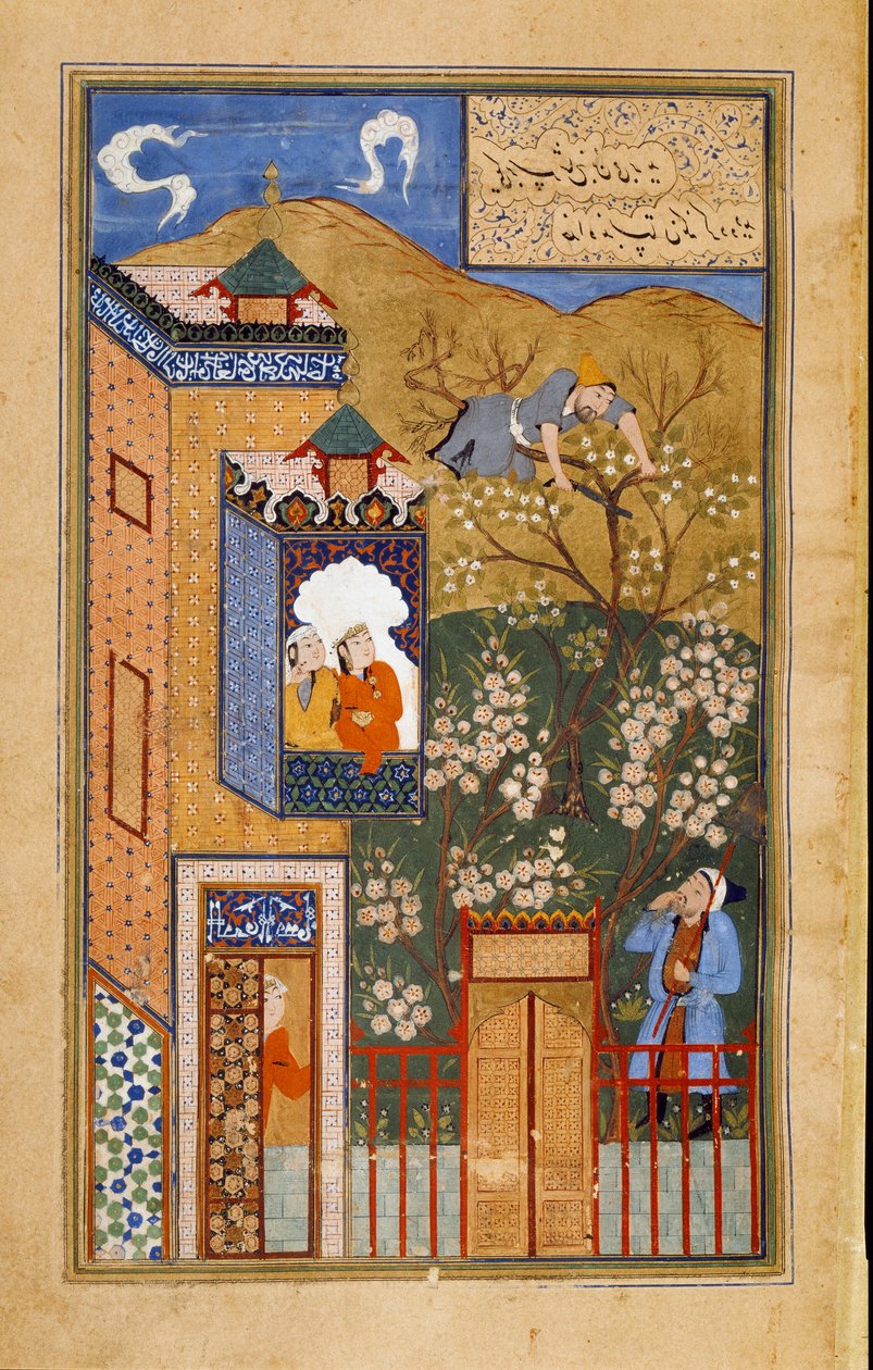 Tyhmä leikkaa oksan, jolla hän on ahvenen puutarhurin silmän alta, joka on otettu persialaisesta käsikirjoituksesta ms. 1187 (fol 27v) kopio Bukharaan noin 1540-1557. Paris, B.N. tekijältä Persian School
