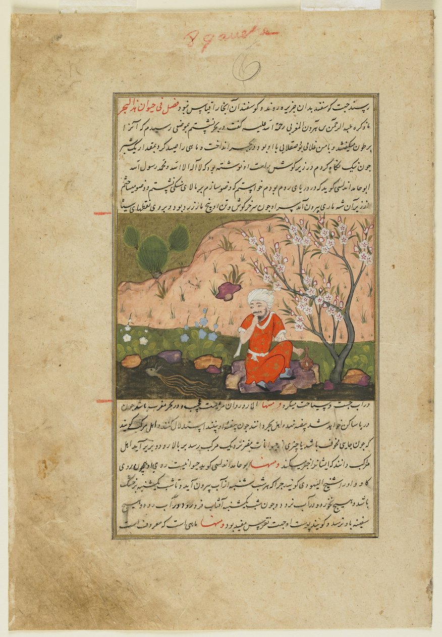Mies puron reunalla, n. 1590-1600 (läpinäkymätön akvarelli, muste ja kulta paperille) tekijältä Persian School