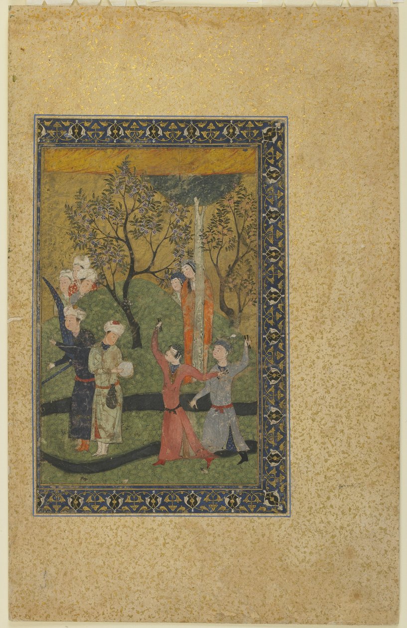 Prinssi ja prinsessa hovimiesten ympäröimänä puutarhassa, n. 1480 tekijältä Persian School