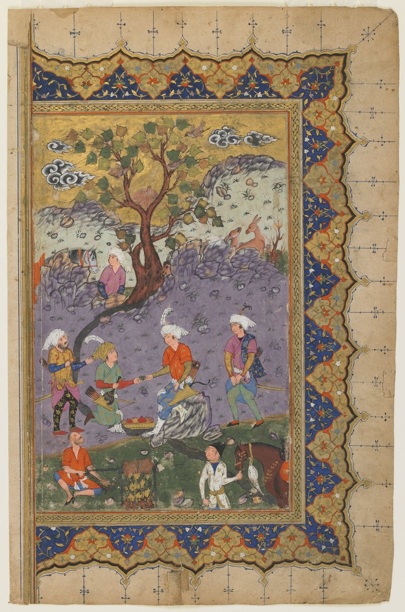 Prinssi istuu maisemassa palvelijoineen, n. 1600 tekijältä Persian School
