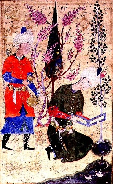 Istuva prinssi lukemassa palvelijan tarjoilemassa viiniä Tohfat Al-Ahrarista, Bokhara-koulusta tekijältä Persian School