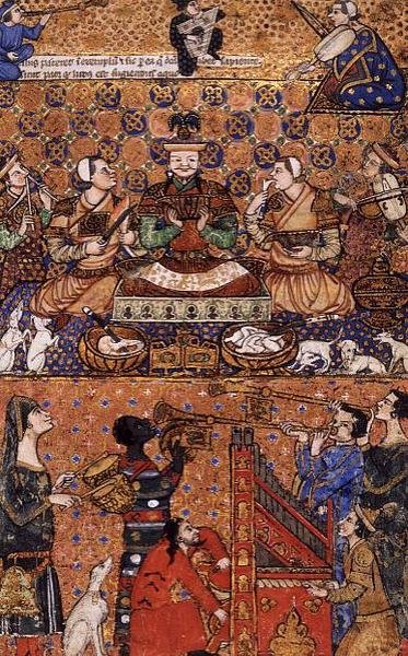 Lisää 27696 f.13 Hallitsija valtaistuimella palvelijoiden ja musiikintekijöiden kanssa, kirjoitettu Genovassa, 1300-luvun lopulla tekijältä Persian School