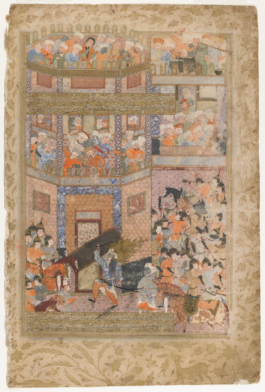 Ali nostaa Qamuksen portit Rawzat al-safasta, 1571-72 tekijältä Persian School