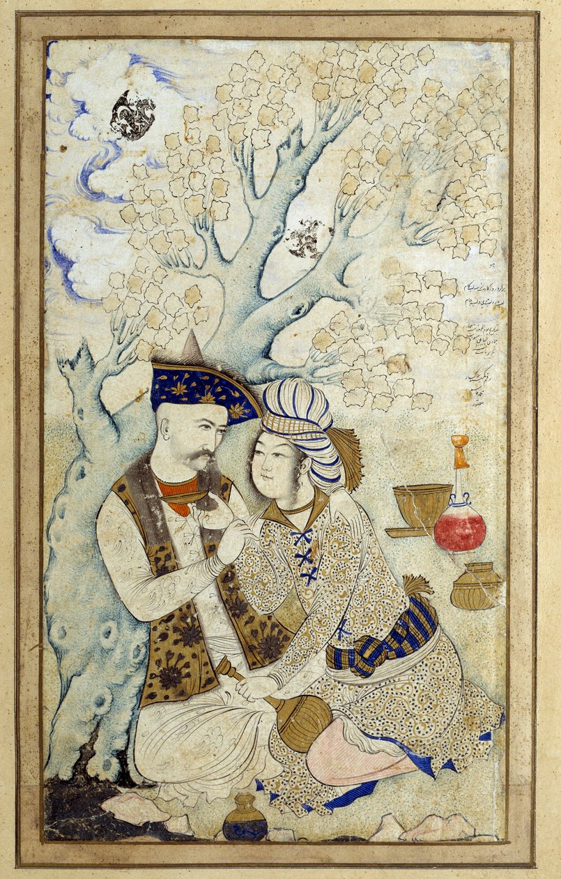 Taide-islam: Shah Abbas I:n muotokuva syleilemässä yhtä hänen sivuistaan. Persialainen piirros vuodelta 1672. Mitat: 0,16 x 0,27 m. Pariisi, Musee du Louvre tekijältä Persian School
