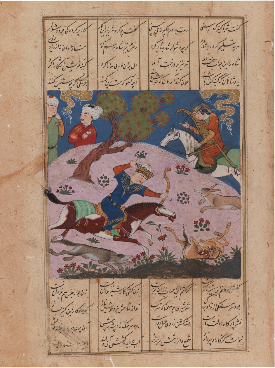 Baahram Gur metsästää, folio Nizami Khamsehista (muste ja läpinäkymätön wc paperilla) tekijältä Persian School