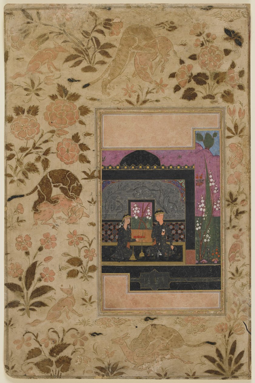 Bahram Gur ja prinsessa mustassa paviljongissa, n. 1590 (läpinäkymätön akvarelli, mustetta ja kultaa paperilla) tekijältä Persian School