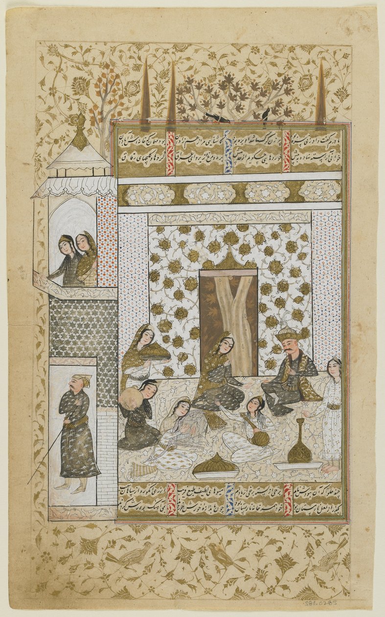 Bahram Gur ja prinsessa valkoisessa paviljongissa, Khamsasta, n. 1600-10 tekijältä Persian School