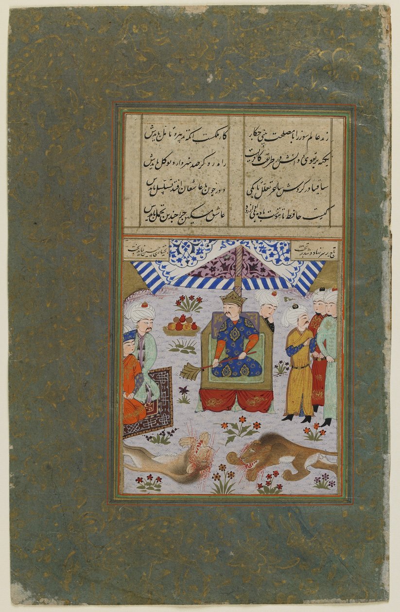 Bahram Gur valtaistuimella leijonien tappamisen jälkeen, n. 1490 (peittävä akvarelli, muste ja kulta paperilla). tekijältä Persian School