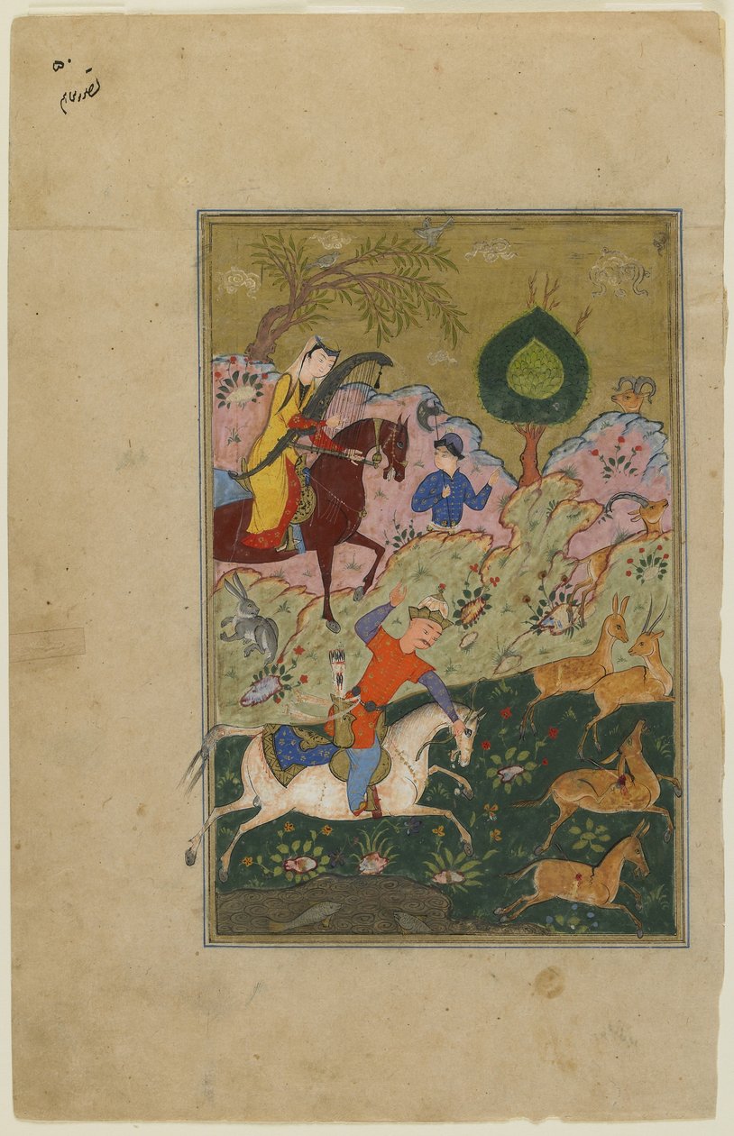 Bahram Gur metsästää Azadan kanssa, Khamsasta, n. 1580 tekijältä Persian School