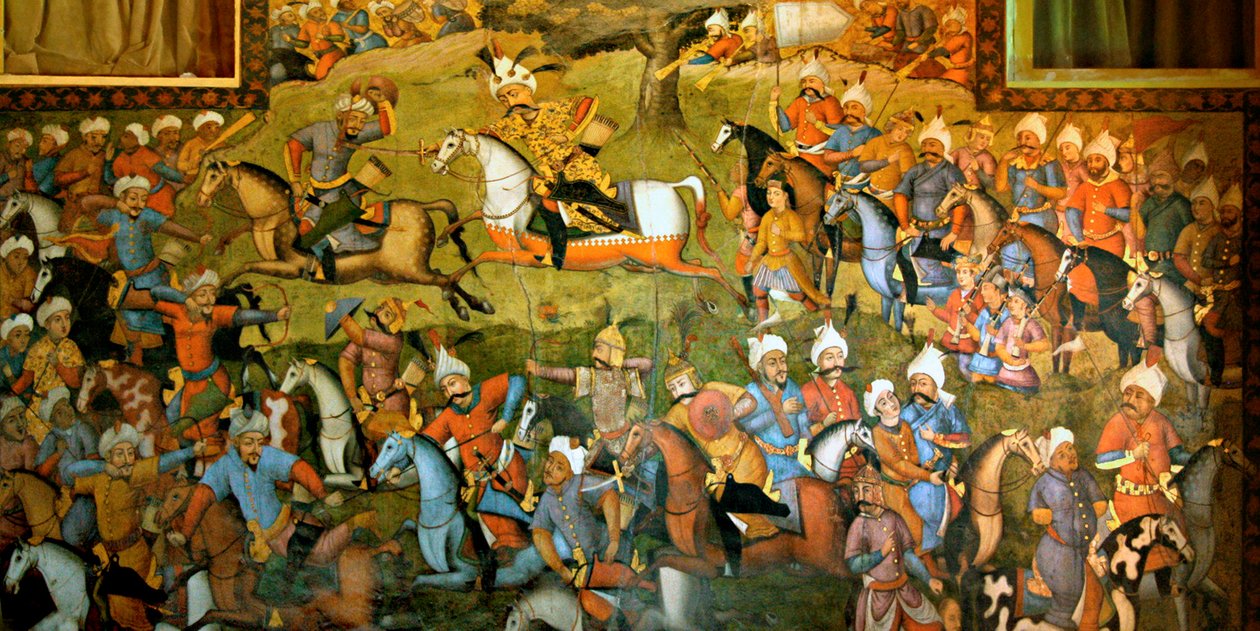Taher-Abadin taistelu tai Mervin taistelu Shah Ismail I:n voitolla Muhammad Shaybani Khanista, vastaanottosali, Chehel Sotun, 1647 tekijältä Persian School
