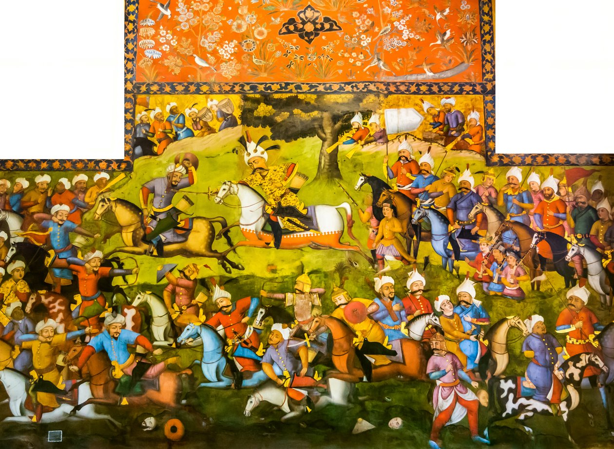 Taher-Abadin taistelu tai Mervin taistelu Shah Ismail I:n voitolla Muhammad Shaybani Khanista, vastaanottosali, Chehel Sotun, 1647 tekijältä Persian School