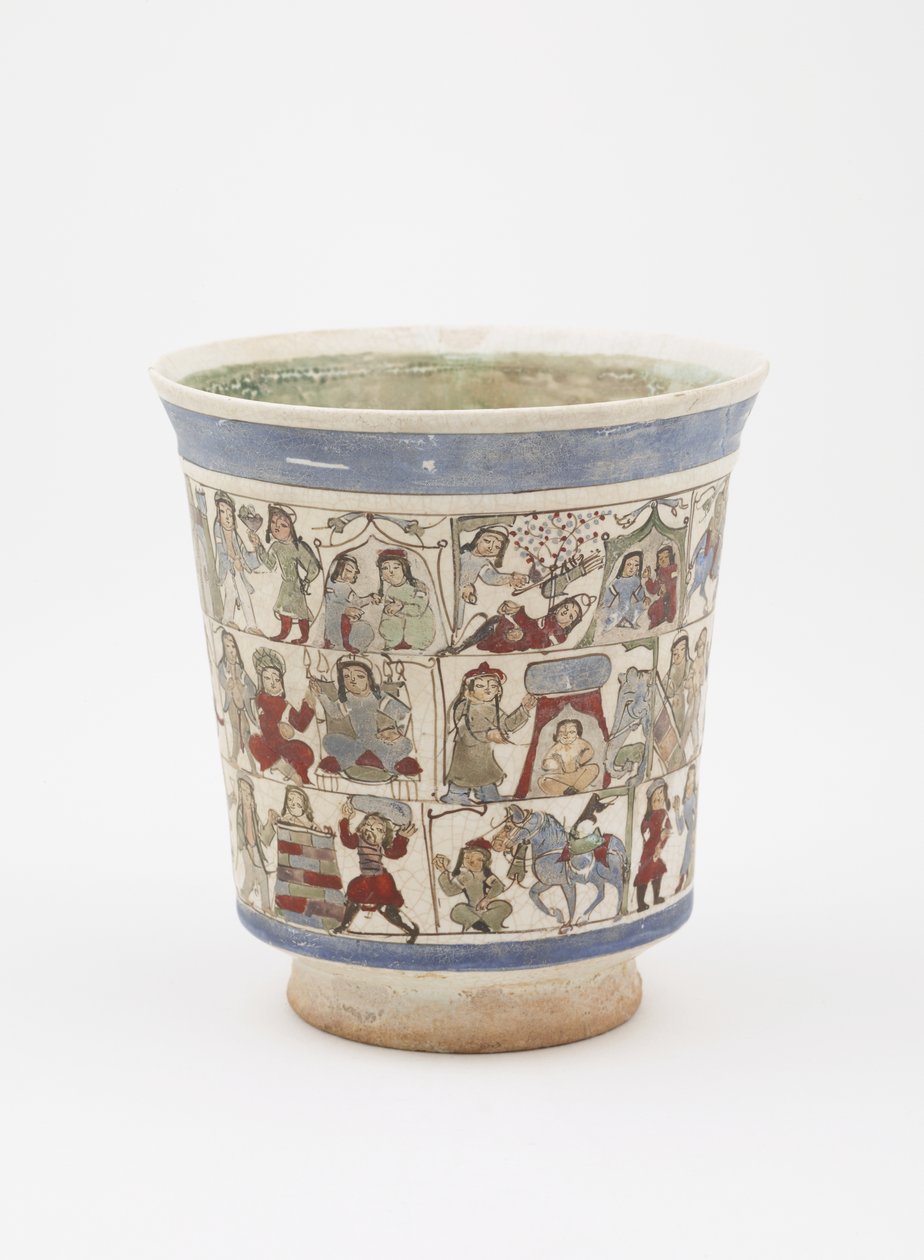 Dekantterilasi, joka kuvaa "Shahnama", Kashan, Iran, Saljuq-kausi, 1100-luvun loppu (kivitahna maalattu lasitteen alle ja lasitteen päälle emalilla) tekijältä Persian School