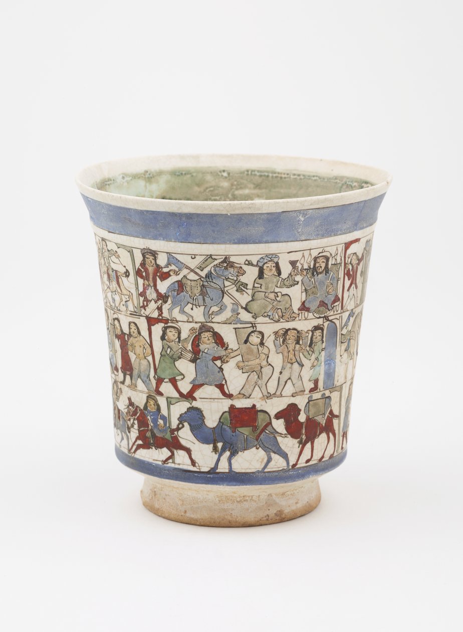 Dekantterilasi, joka kuvaa "Shahnama", Kashan, Iran, Saljuq-kausi, 1100-luvun loppu (kivitahna maalattu lasitteen alle ja lasitteen päälle emalilla) tekijältä Persian School
