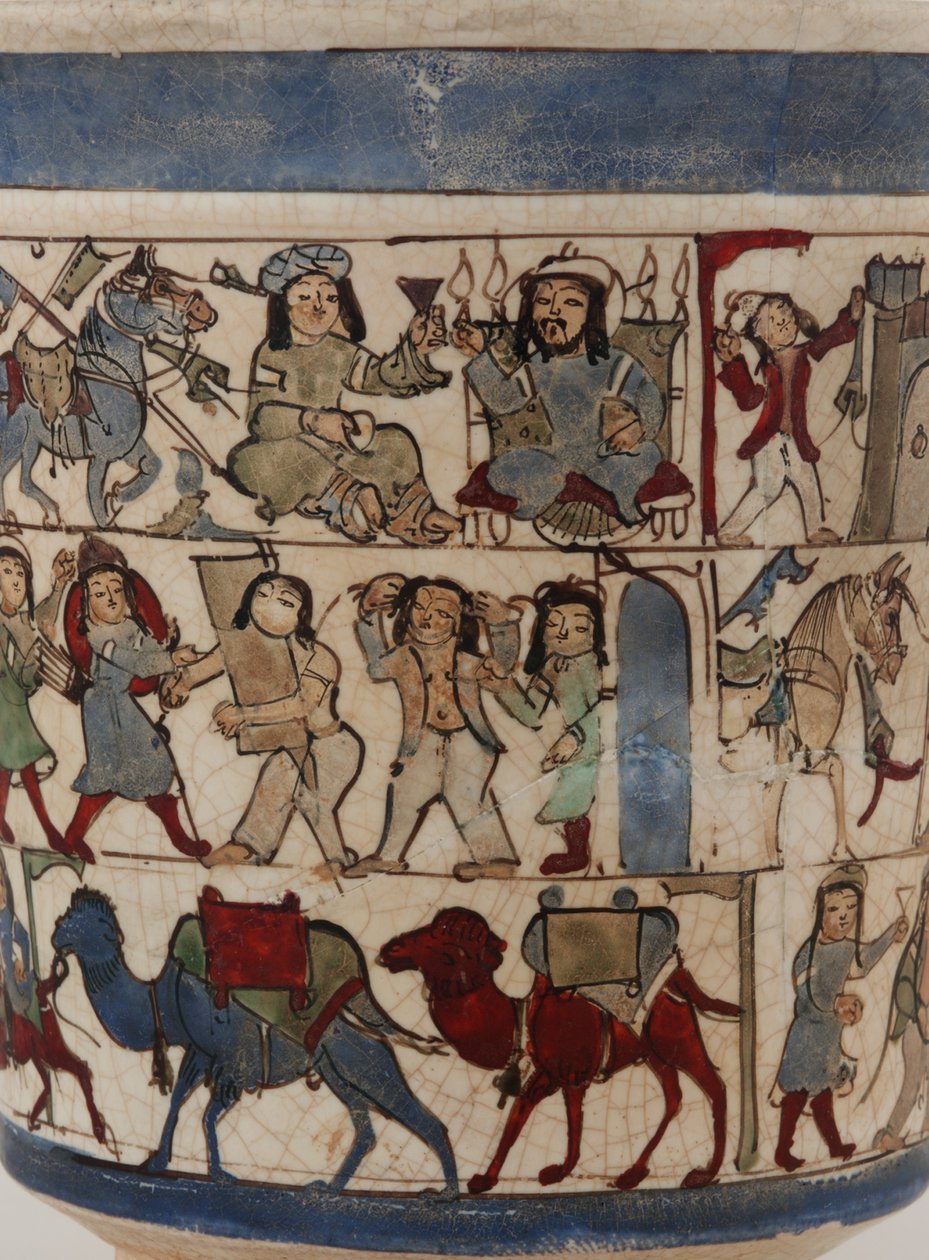 Dekantterilasi, joka kuvaa "Shahnama", Kashan, Iran, Saljuq-kausi, 1100-luvun loppu (kivitahna maalattu lasitteen alle ja lasitteen päälle emalilla) tekijältä Persian School