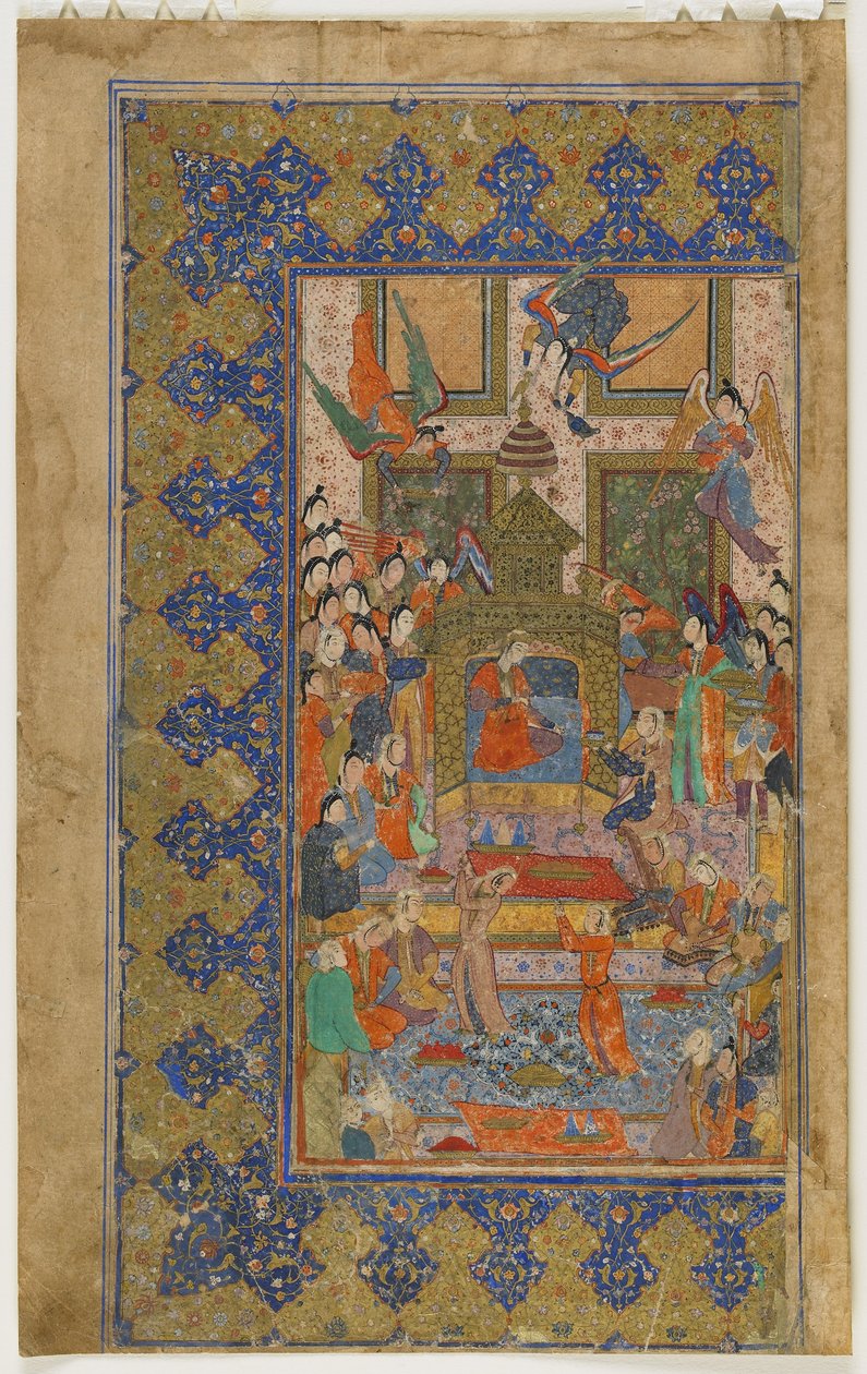 Bilqis valtaistuimelle Khamsa (kvintetti), n. 1560 (läpinäkymätön akvarelli, mustetta ja kultaa paperilla) tekijältä Persian School