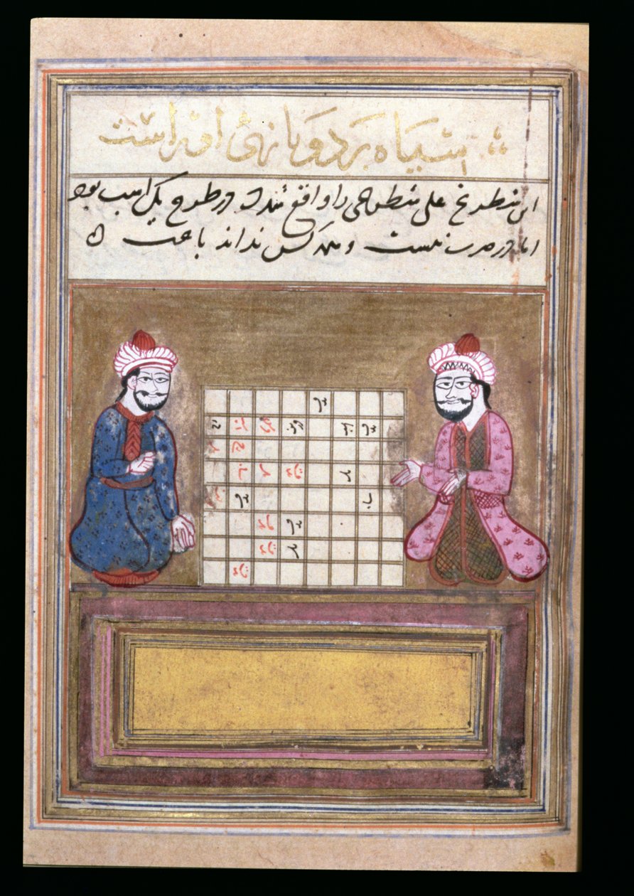 Shakinpelaajat, sivu shakista käsittelevästä traktaatista, varhainen Safavid, 1500-luvun toinen puoli (muste paperille) tekijältä Persian School