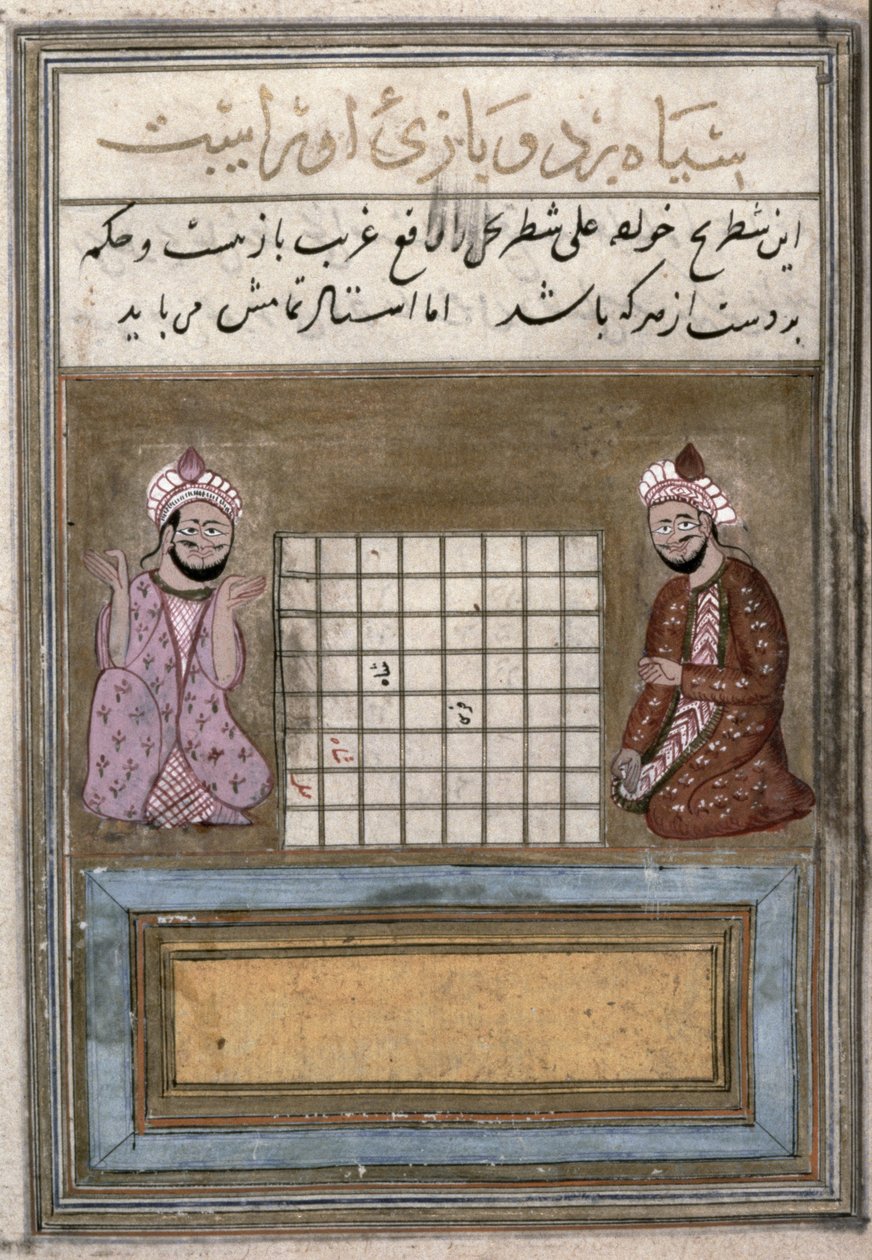 Shakinpelaajat, sivu shakista käsittelevästä traktaatista, varhainen Safavid, 1500-luvun toinen puoli (muste paperille) tekijältä Persian School