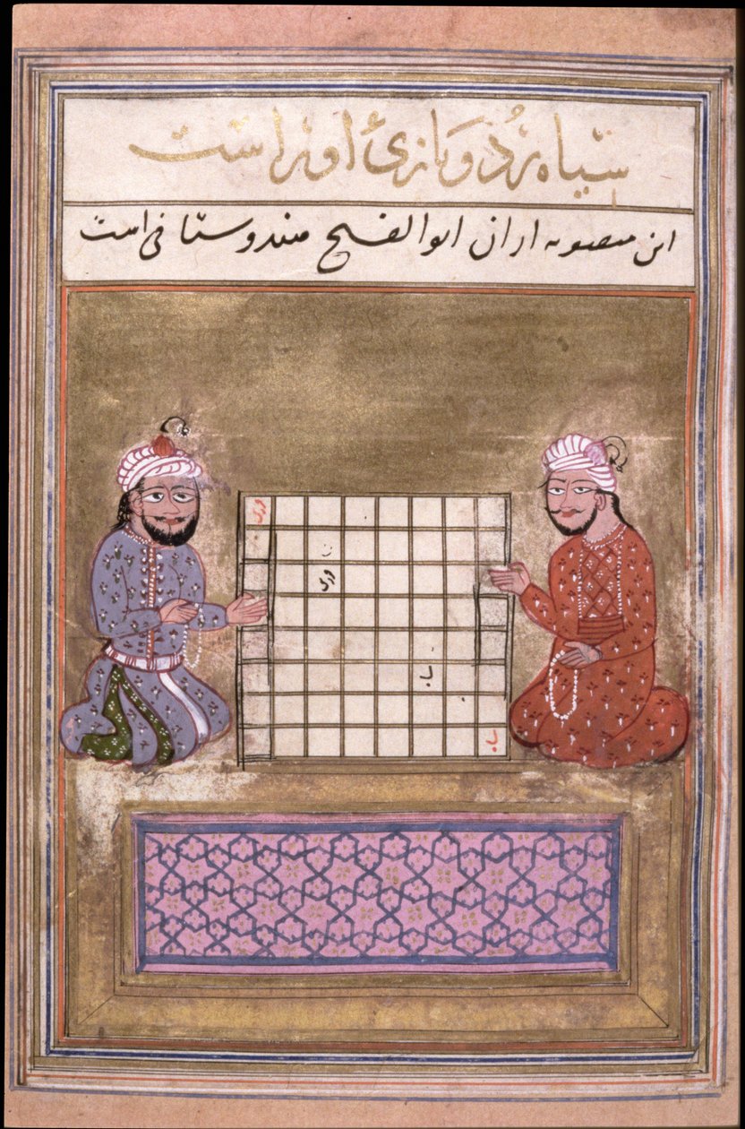 Shakinpelaajat, sivu shakista käsittelevästä traktaatista, varhainen Safavid, 1500-luvun toinen puoli (muste paperille) tekijältä Persian School