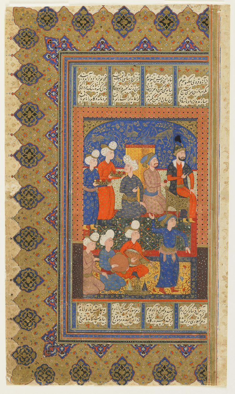 Hoviherrat, joiden Luhrasp valtaistuimelle Firdawsin Shahnamasta (kuninkaiden kirja), n. 1590-1600 (muste, läpinäkymätön akvarelli ja kulta paperilla) tekijältä Persian School