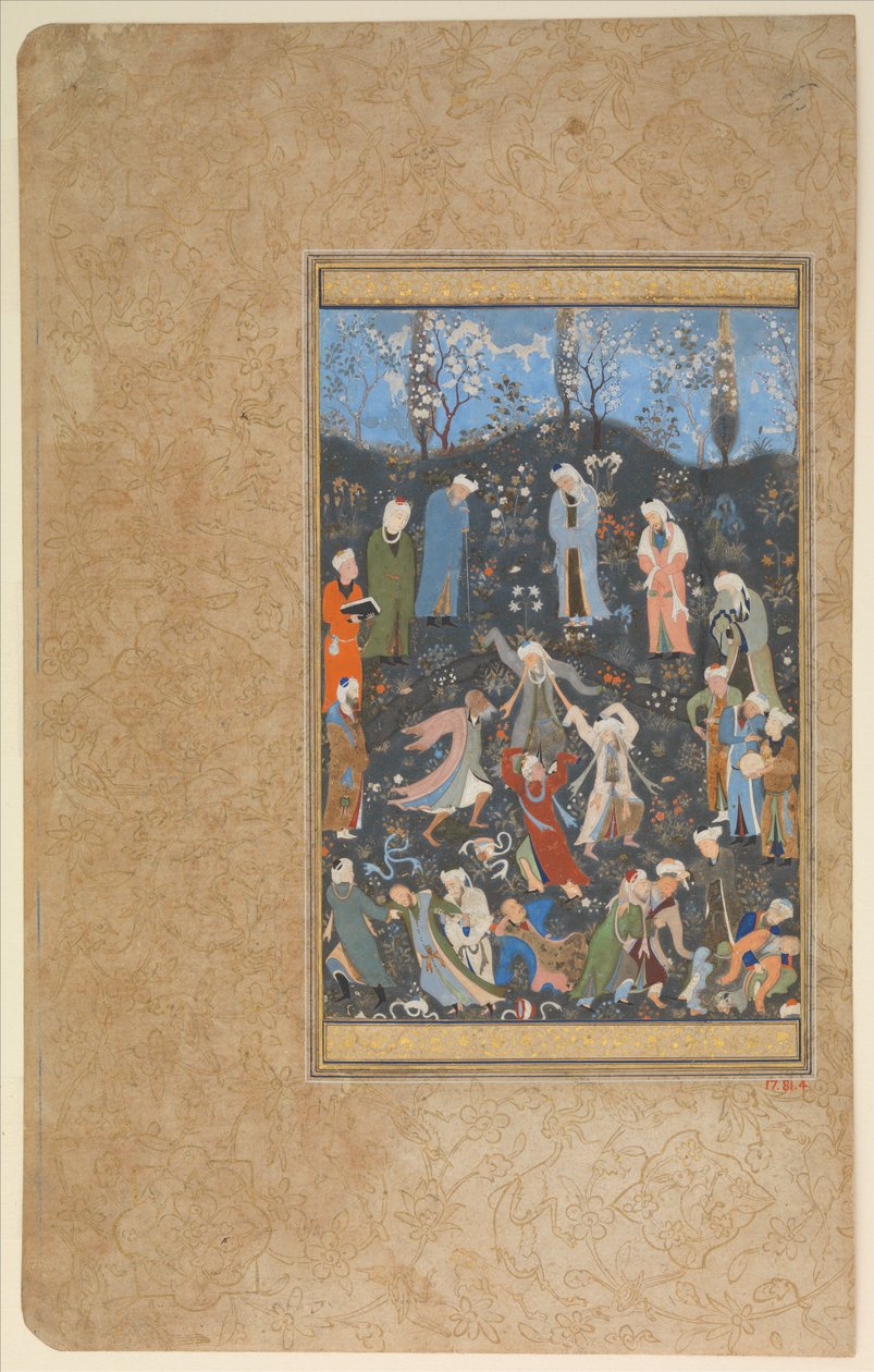 "Dancing Dervishes", Folio Hafizin divaanista, n. 1480 (läpinäkymätön akvarelli ja kulta paperille) tekijältä Persian School