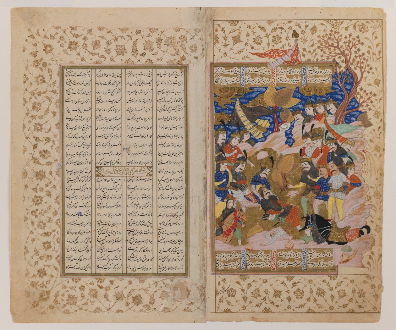 Kaksisivuinen kuvitus Shahnamahin käsikirjoituksesta, 1600-luvun loppu (muste, guassi ja kulta pergamenttipaperilla) tekijältä Persian School