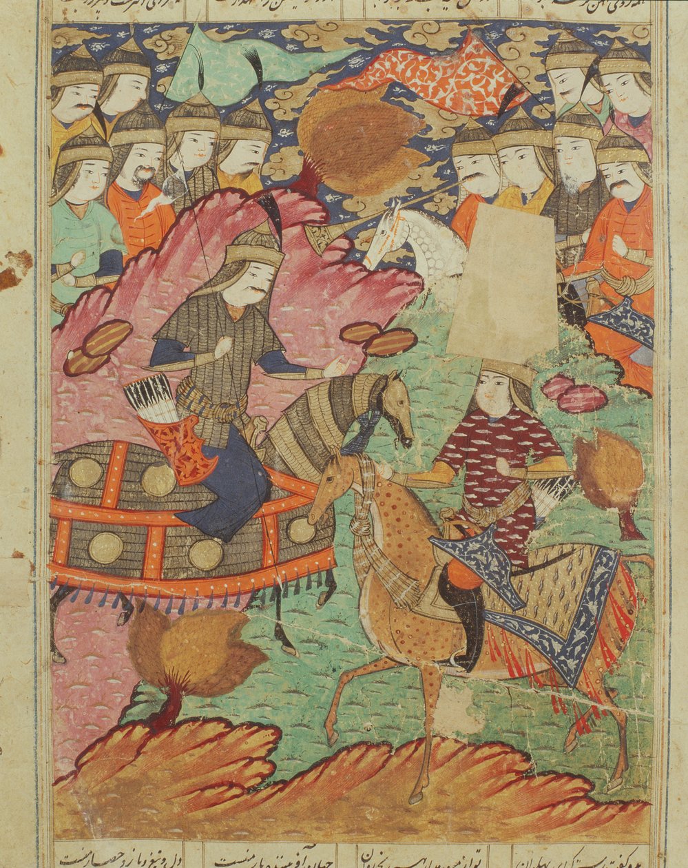 Kaksintaistelu hevosen selässä Rostamin ja Afrasiabin välillä, kuvitus Shahnamasta (Kuninkaiden kirja), kirjoittanut Abul-Qasim Manur Firdawsi (n.934-n.1020) 1619 tekijältä Persian School