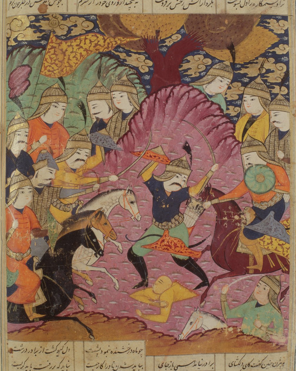 Taistelu Bahraman ja Tazawin välillä, kuva Abul-Qasim Manur Firdawsin (n. 934–1020) Shahnamasta (Kuninkaiden kirja) 1619 tekijältä Persian School