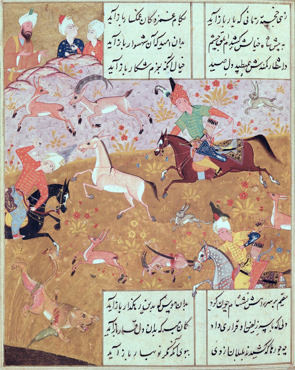 Fol.65r The Royal Hunt, Hafiz Shirazin (n. 1325–1388) runokirjasta (guassi paperilla) tekijältä Persian School