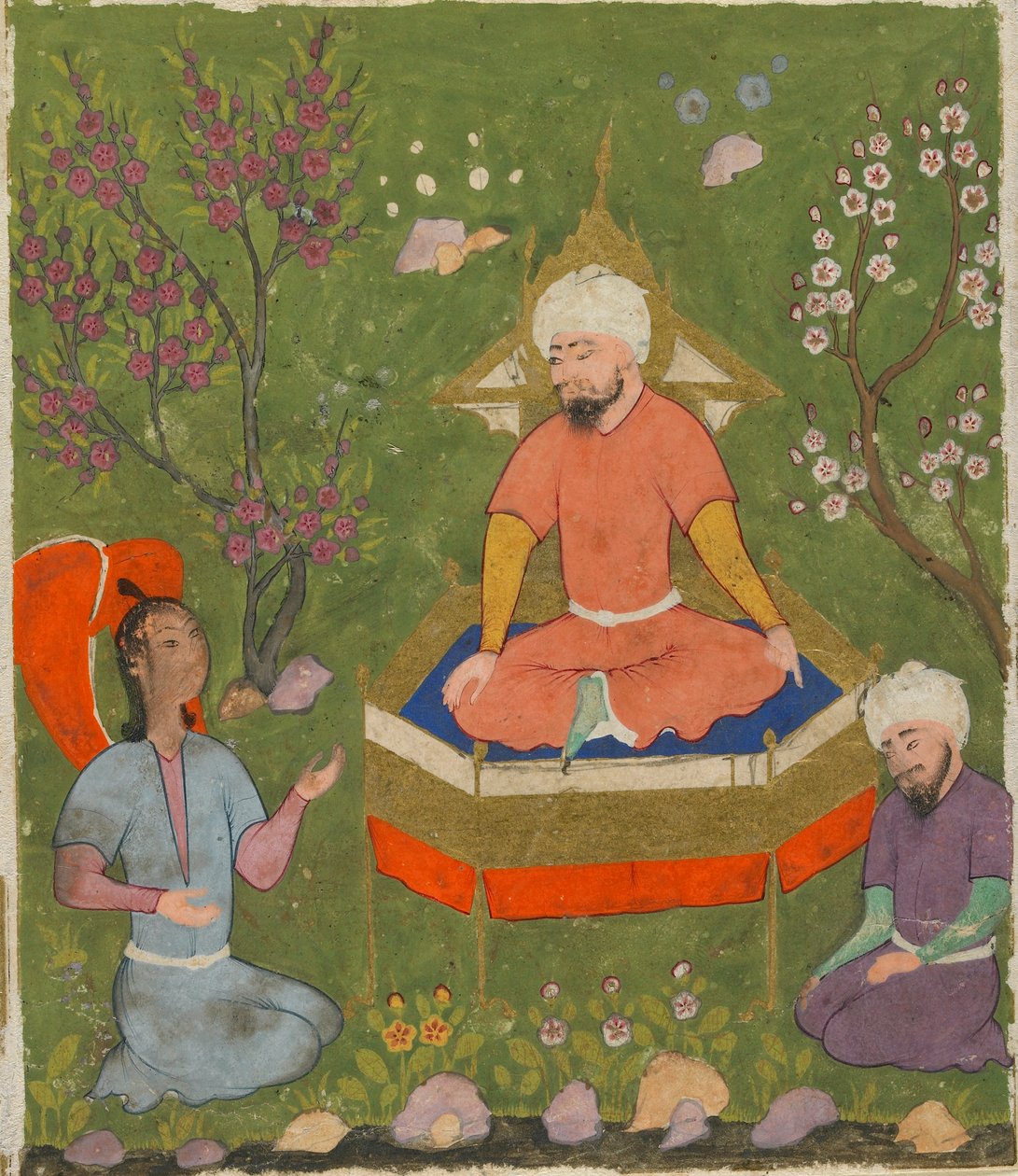 Folio Ajaib al-Makhluqatista (Luomisen ihmeet), kirjoittanut al-Qazwini; recto: Haloed Figure Enthroned, Qazwin, Iran, n. 1590-1600 (läpinäkymätön akvarelli, muste ja kulta paperille) tekijältä Persian School