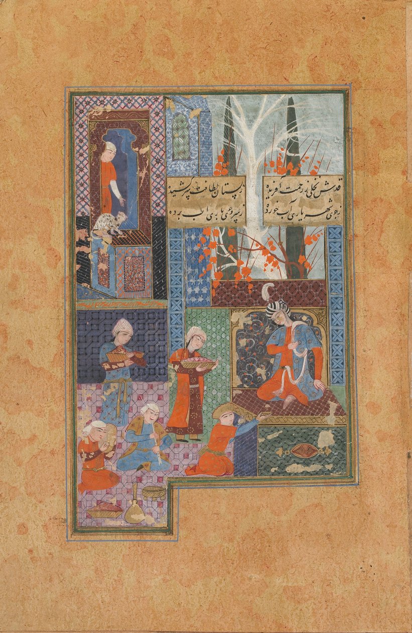Jamin (k. 1492) folio divaanista (kokoelma runoja); Prinssi ja avustajat (läpinäkymätön akvarelli, muste ja kulta paperille) tekijältä Persian School