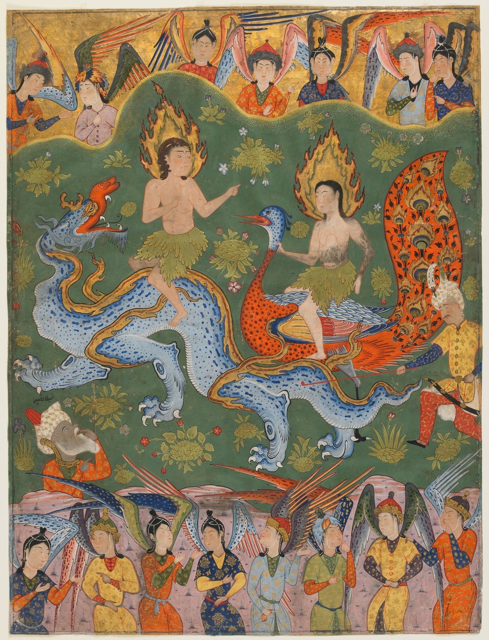 Folio Falnamasta (enteistä); verso: Aadamin ja Eevan karkottaminen, Qazvin, Iran, Safavid-kausi, 1550-luvun puoliväli (läpinäkymätön akvarelli, muste ja kulta paperilla) tekijältä Persian School