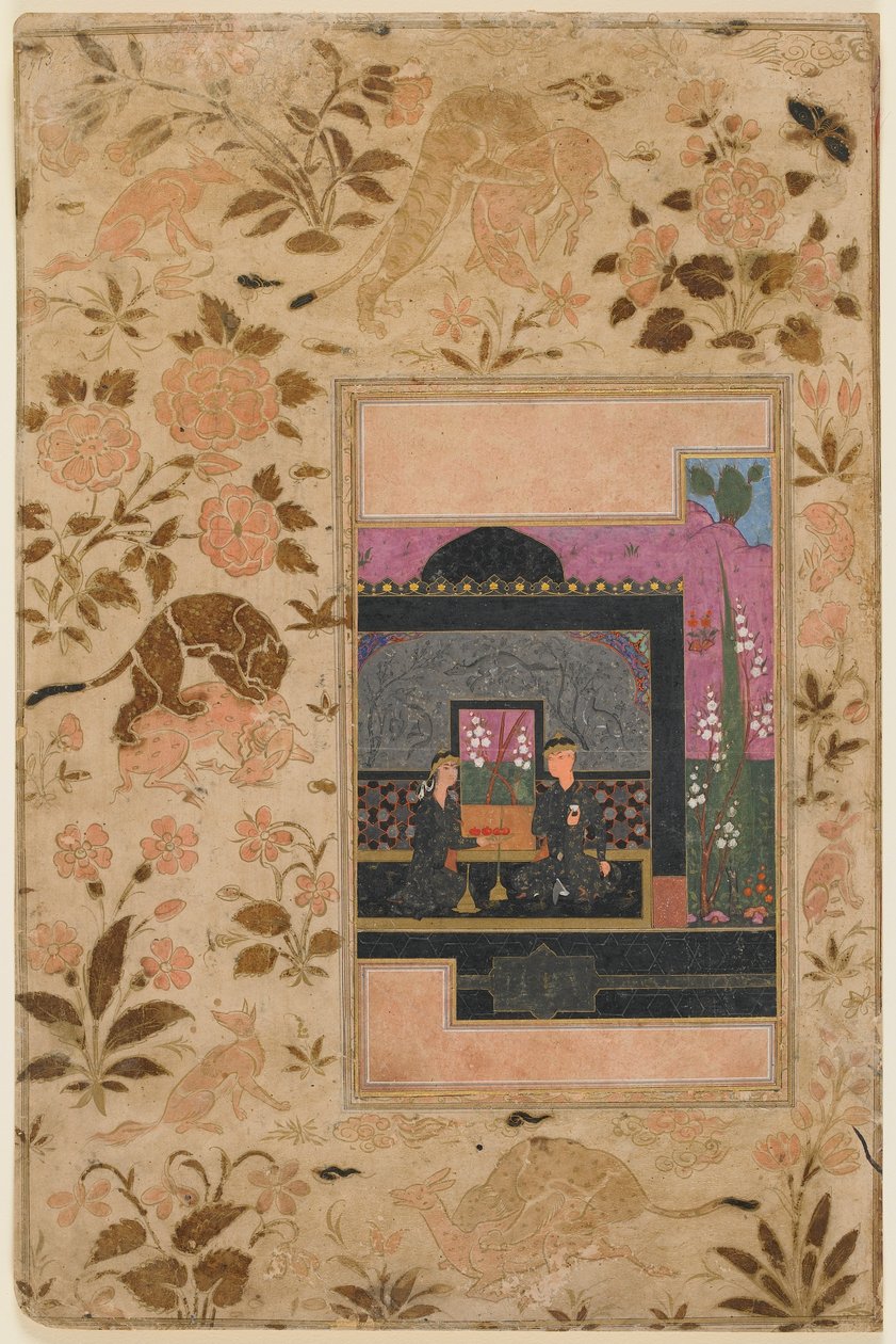 Folio Haft paykarista; Bahram Gur ja prinsessa mustassa paviljongissa, Qazwin, Iran, n. 1590 (läpinäkymätön akvarelli, muste ja kulta paperilla) tekijältä Persian School