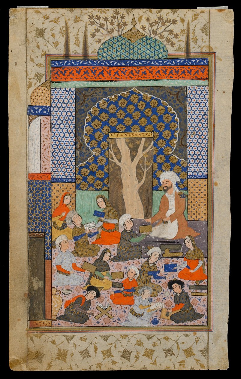 Folio Nizamin Khamsasta (kvintetti); recto: Layla ja Majnun koulussa, Iran, Safavid-kausi, n. 1600-10 (läpinäkymätön akvarelli, muste ja kulta paperille) tekijältä Persian School